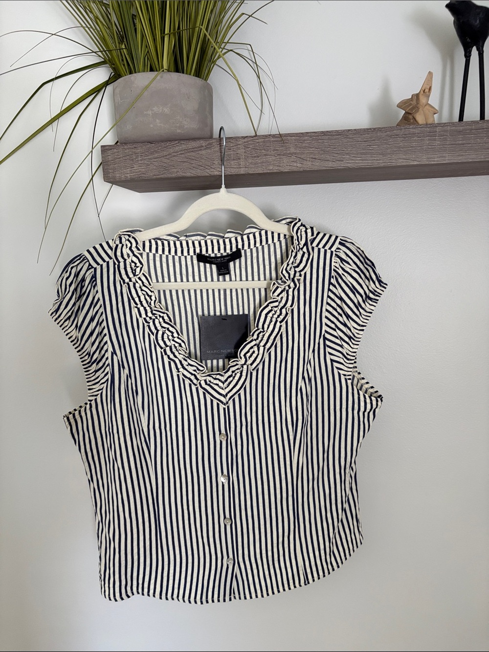 Andrew Marc Navy and White Striped Ruffle V-Neck Blouse